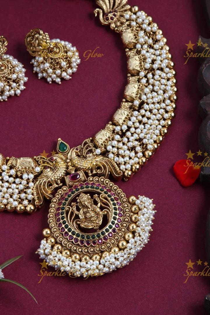Gold Alike Polished Pearl Cluster Idol Ganesha Pendant Short Neckpiece - Sparkle and Glow