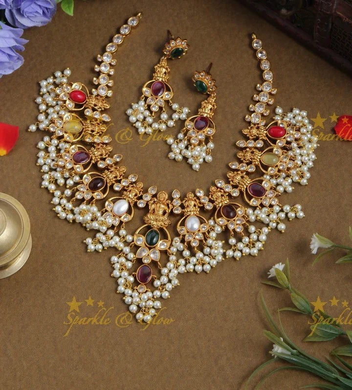 Premium Matte Navarathna Stone Lakshmi Gutta Pusalu Neckpiece - Sparkle and Glow