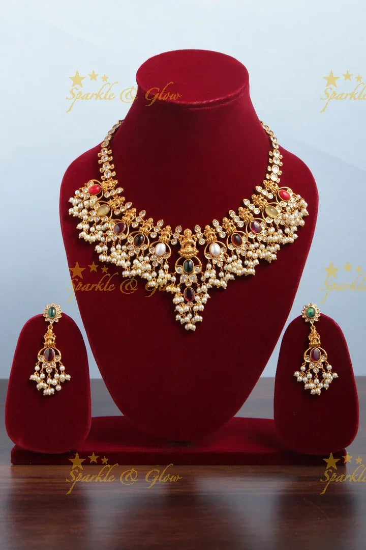 Premium Matte Navarathna Stone Lakshmi Gutta Pusalu Neckpiece - Sparkle and Glow