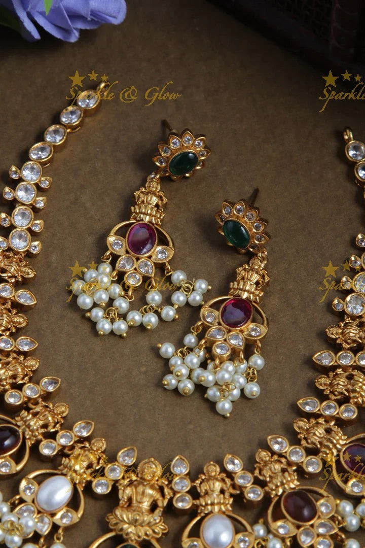 Premium Matte Navarathna Stone Lakshmi Gutta Pusalu Neckpiece - Sparkle and Glow