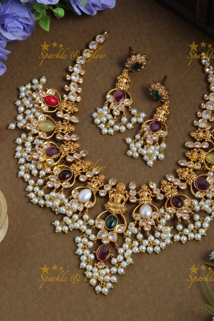 Premium Matte Navarathna Stone Lakshmi Gutta Pusalu Neckpiece - Sparkle and Glow