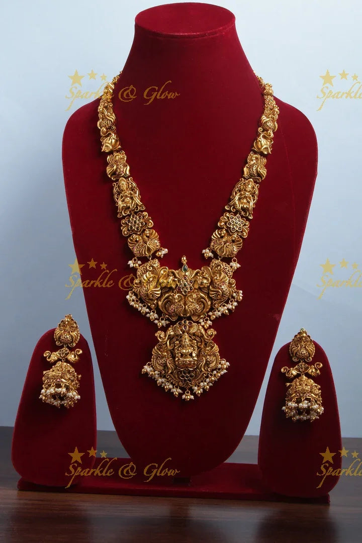Intricately Carved Gold Alike Polished Peacock Lakshmi Gutta Pusalu Haram - Sparkle and Glow