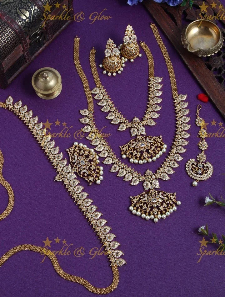 Gold Alike Polished Mango Peacock AD Bridal Set - Sparkle and Glow