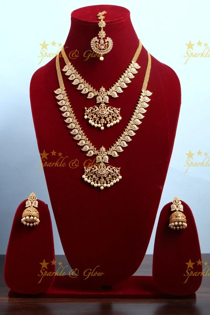 Gold Alike Polished Mango Peacock AD Bridal Set - Sparkle and Glow