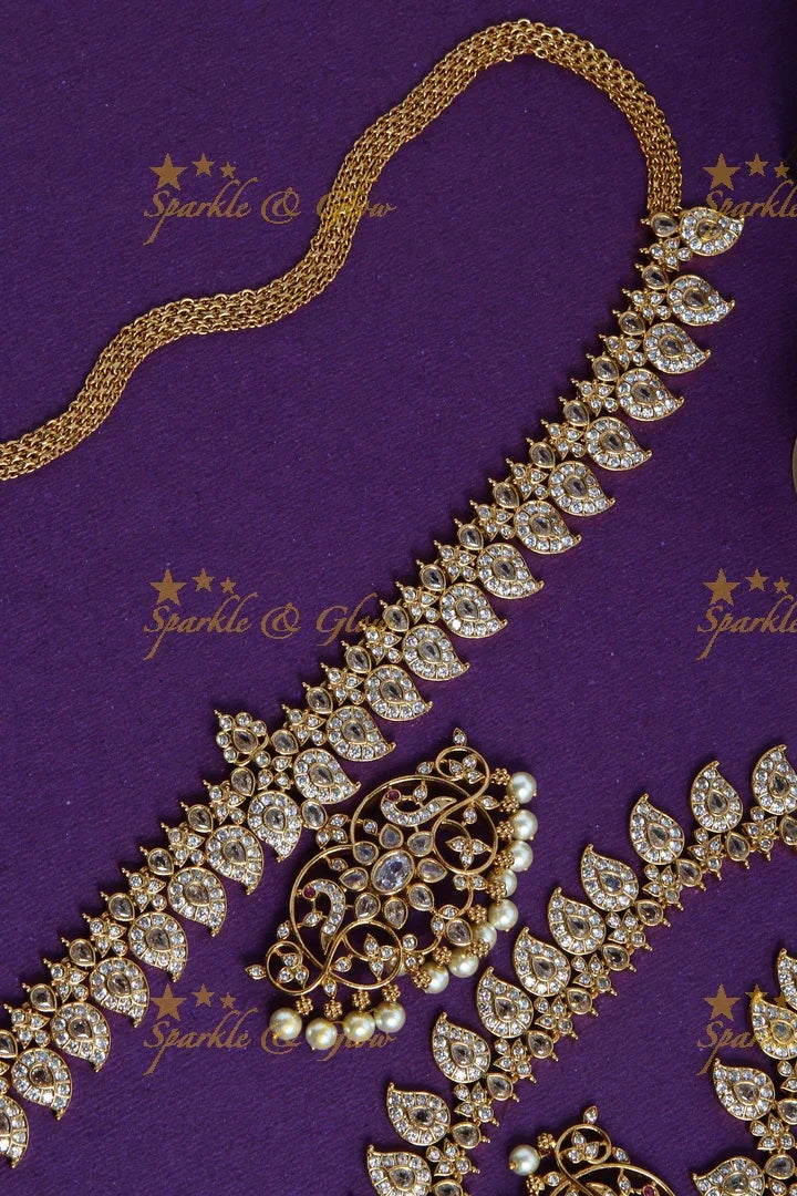 Gold Alike Polished Mango Peacock AD Bridal Set - Sparkle and Glow