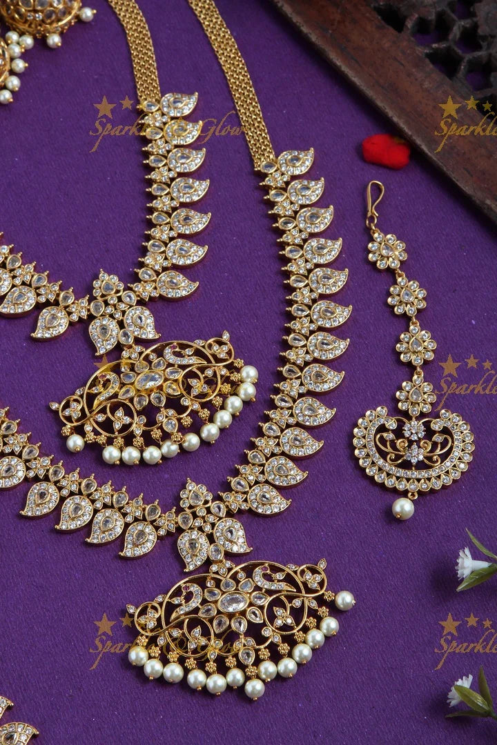 Gold Alike Polished Mango Peacock AD Bridal Set - Sparkle and Glow