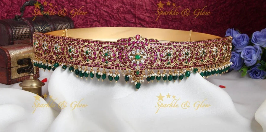 Beautiful non idol real kemp stones hipbelt with green beads - Sparkle and Glow