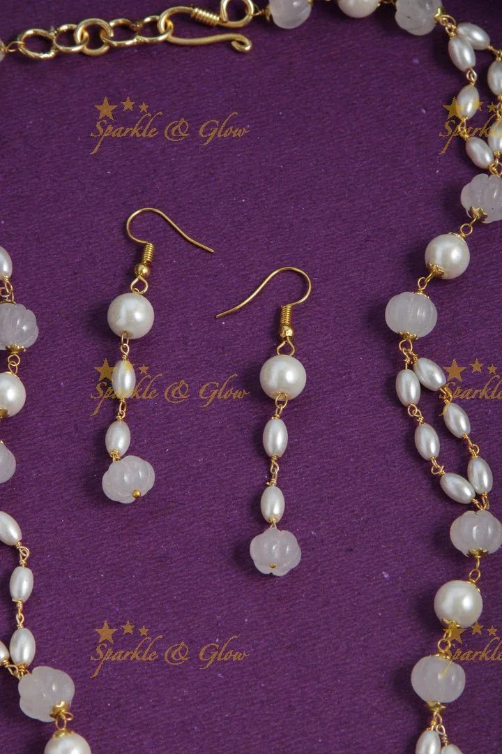 Beautiful Pearl long necklace with white beads - Sparkle and Glow