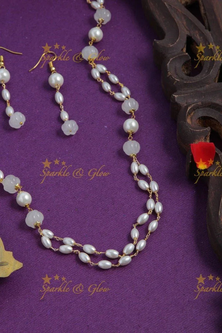 Beautiful Pearl long necklace with white beads - Sparkle and Glow