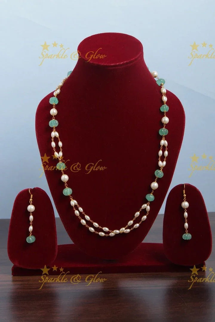 Beautiful Pearl long necklace with white beads - Sparkle and Glow