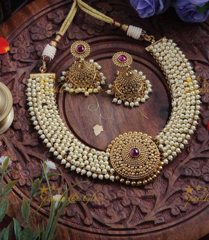 Pearl Back Thread Statement Pearl Cluster Necklace