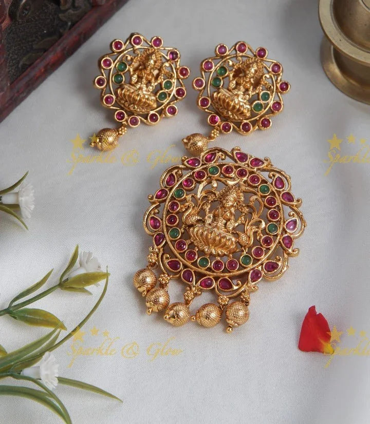 Premium Matt Lakshmi devi pendent set with gold beads - Sparkle and Glow