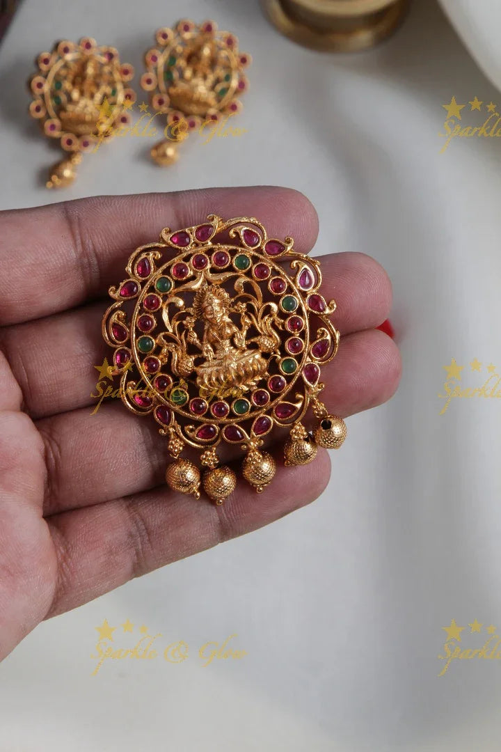 Premium Matt Lakshmi devi pendent set with gold beads - Sparkle and Glow