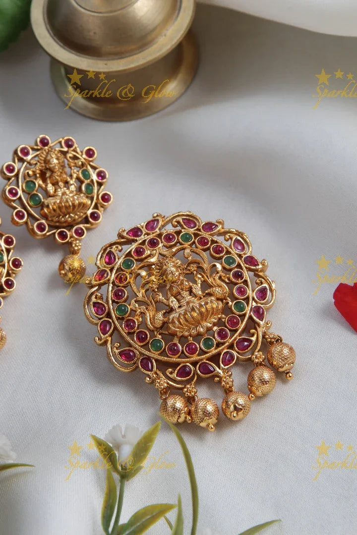 Premium Matt Lakshmi devi pendent set with gold beads - Sparkle and Glow