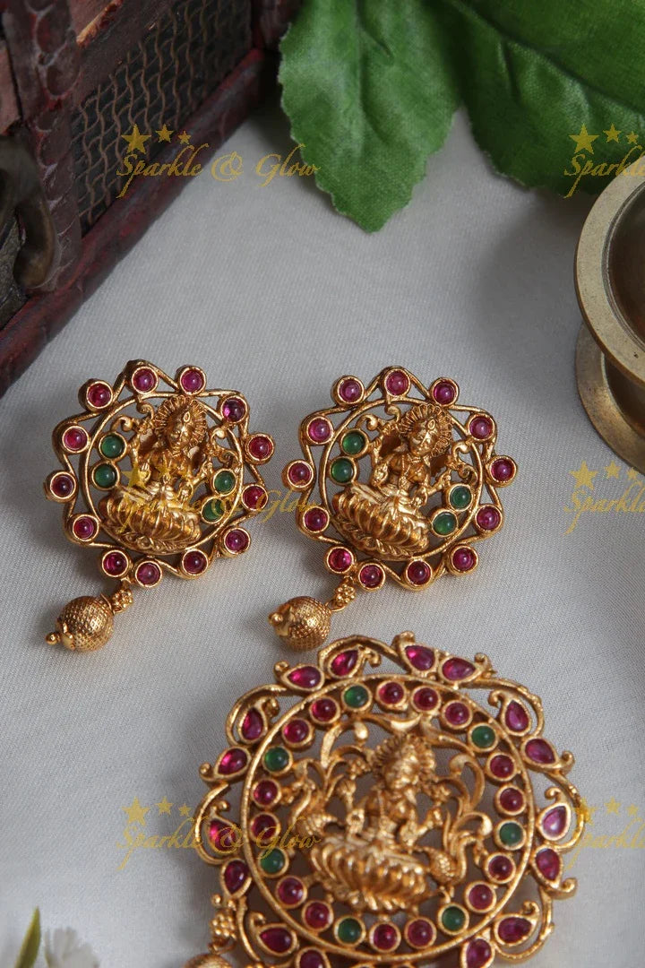 Premium Matt Lakshmi devi pendent set with gold beads - Sparkle and Glow