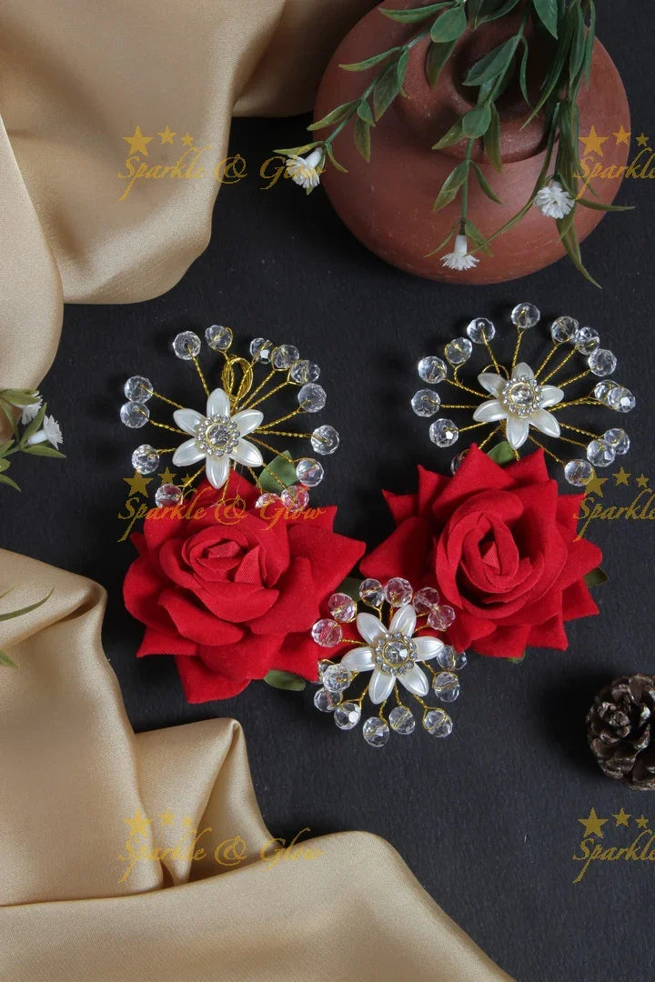 Two Rose Floral Tranparent Pearl Hair Veena, Gajra - Sparkle and Glow