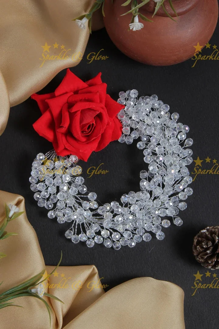 Red Silver Rose Tranparent Pearl Hair Veena, Gajra - Sparkle and Glow