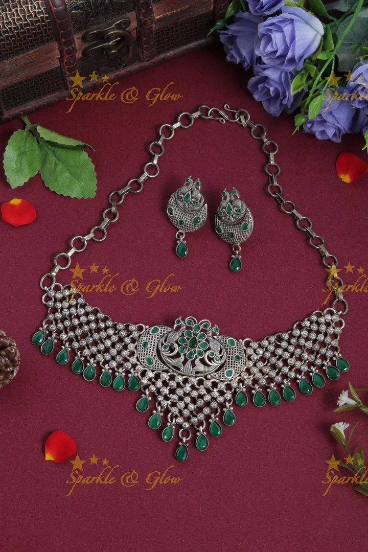 Silver look alike Peacock Green Stone Necklace - Sparkle and Glow