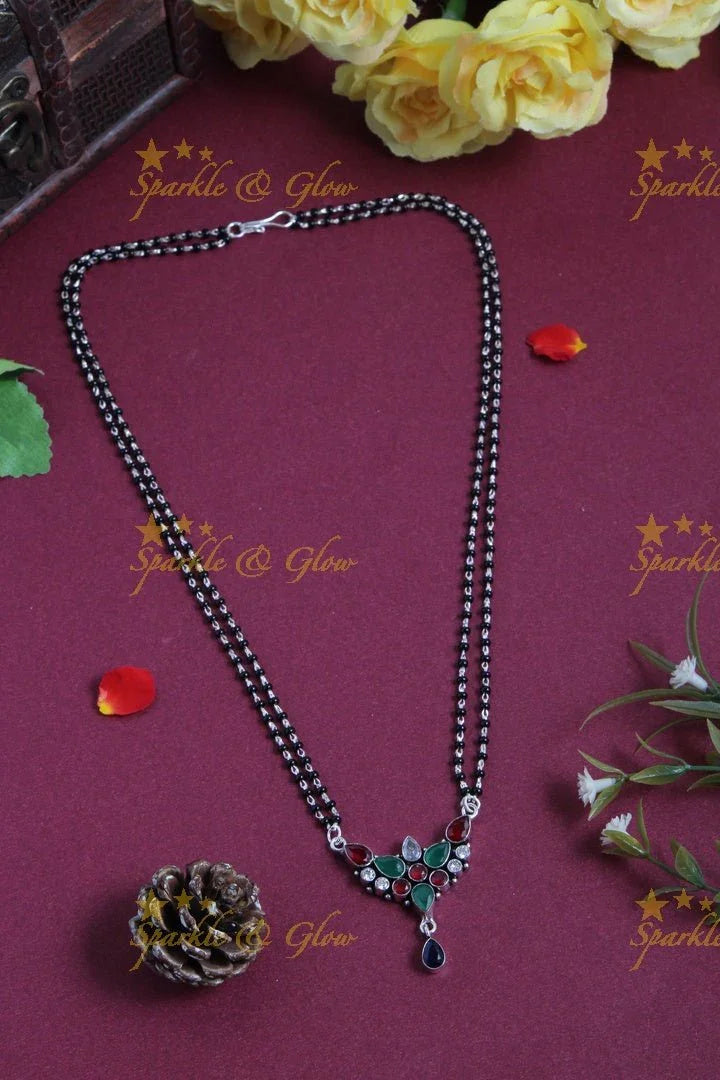 Budgetted Two layer Black bead mangalsutra chain with Multistone Pendent - Multi - Sparkle and Glow