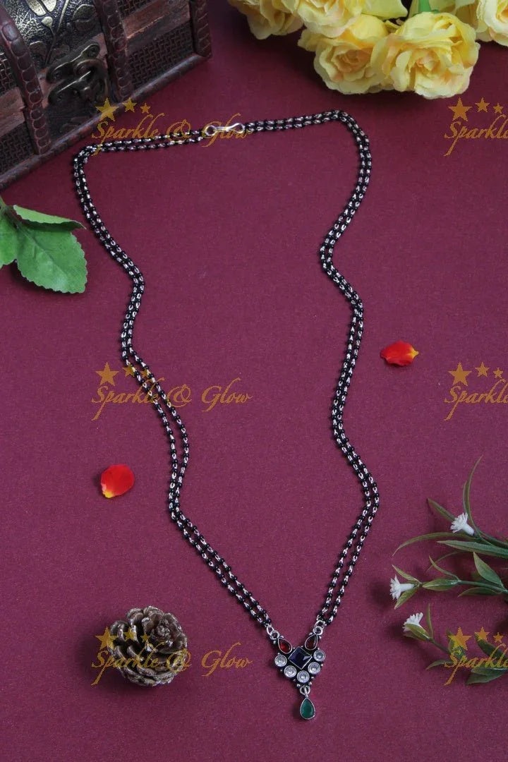 Budgetted Two Layer Black bead mangalsutra chain with diamond pendent - Multi - Sparkle and Glow