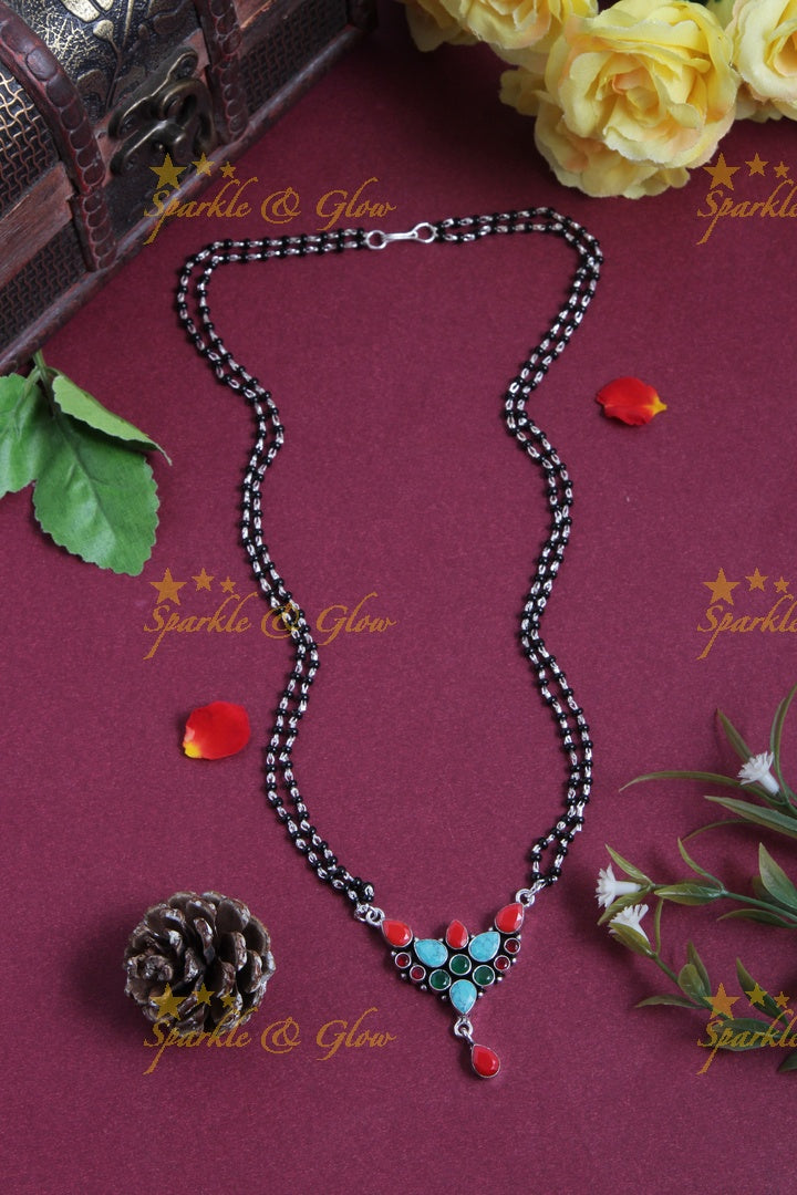 Budgetted Two layer Black bead mangalsutra chain with Multistone Pendent