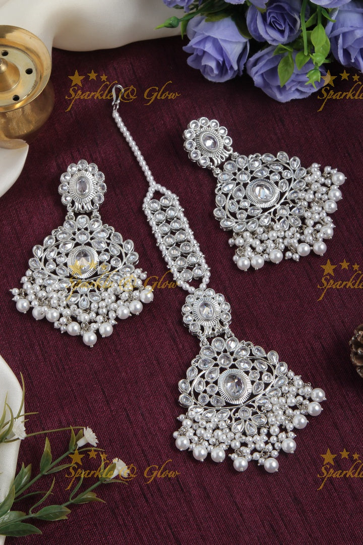 Beautiful silver pearl chandbalis with maang tikka