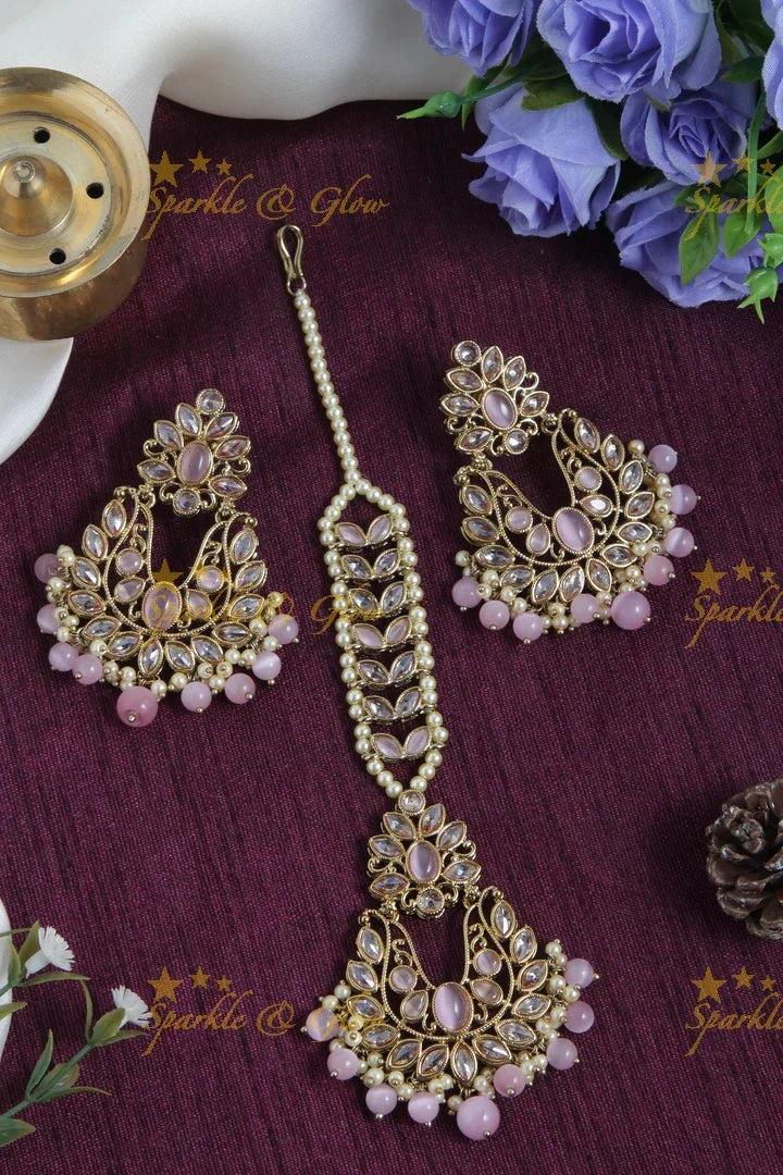 Beautiful stone chandbalis with maang tikka - Sparkle and Glow