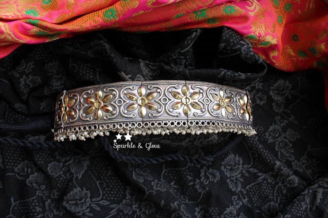 Silver look alike dual tone high neck choker with pearl beads - Sparkle and Glow