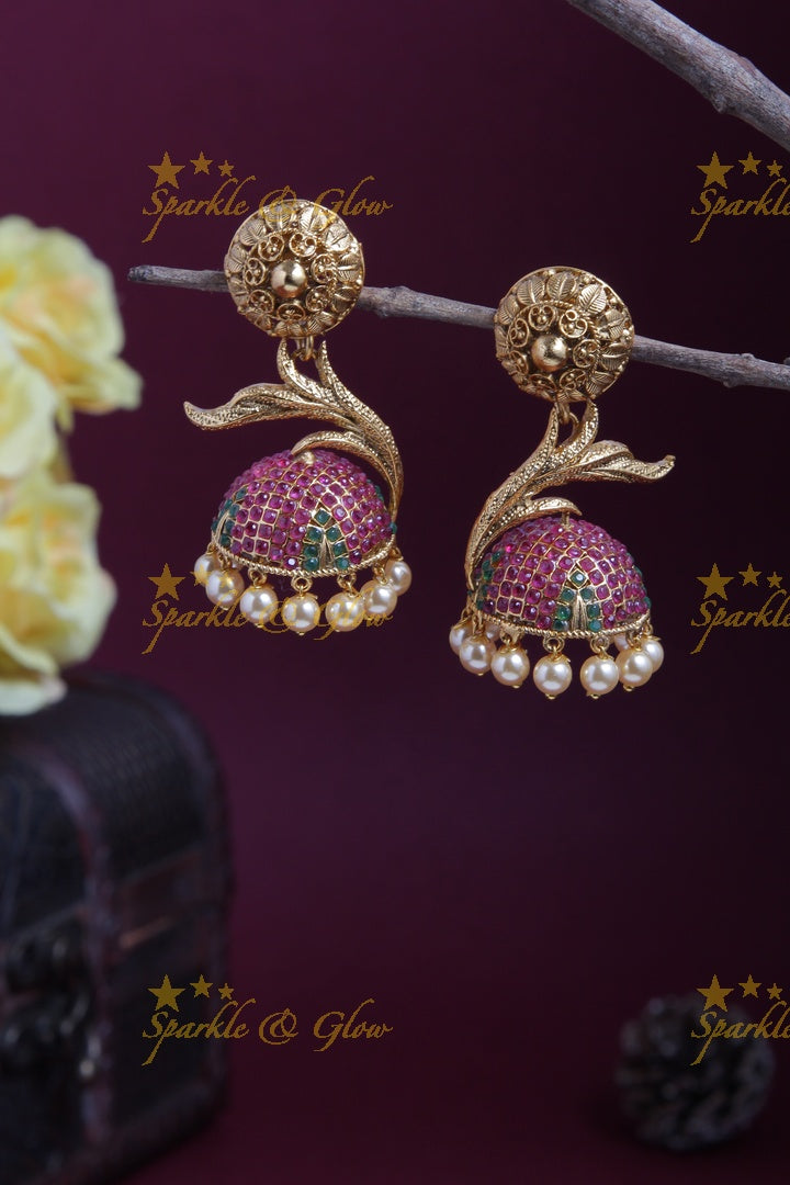 Beautiful Pink stone Leaf branch pearl Jhumkas