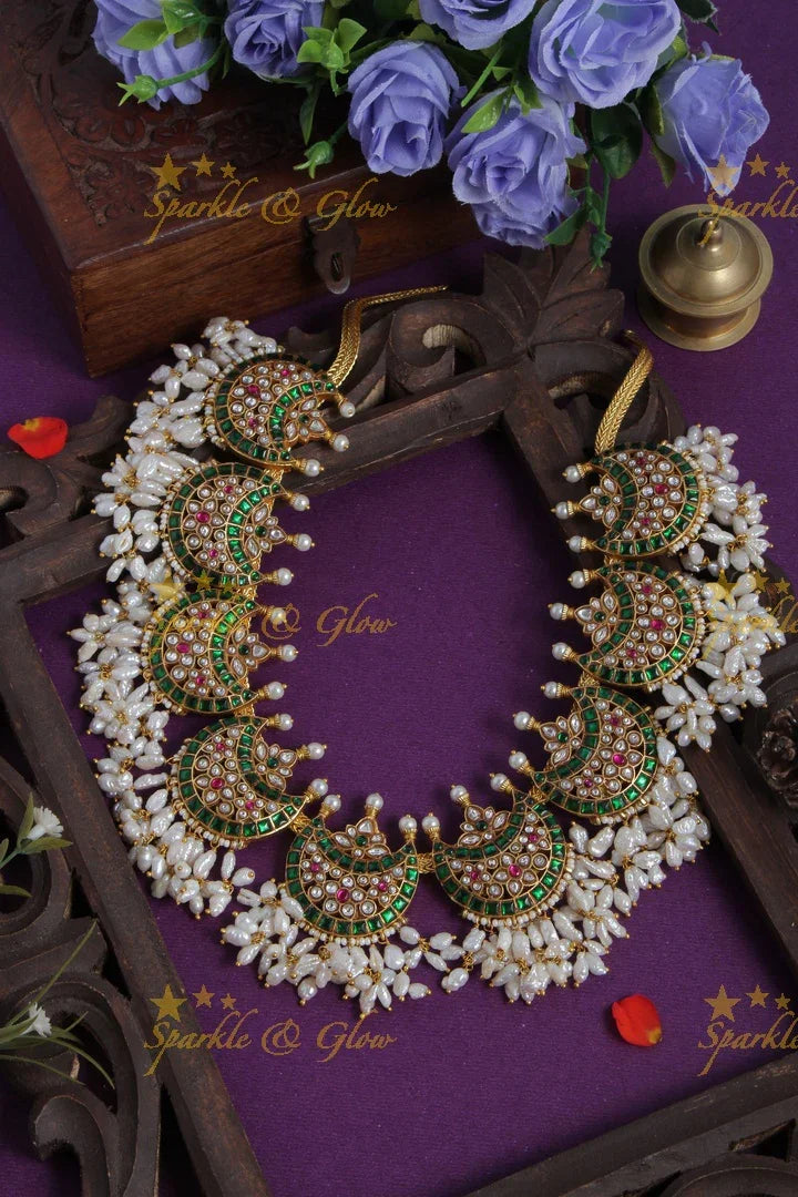 Gold Alike Moon shaped Floral Rice Pearl Jadau Necklace - Green - Sparkle and Glow