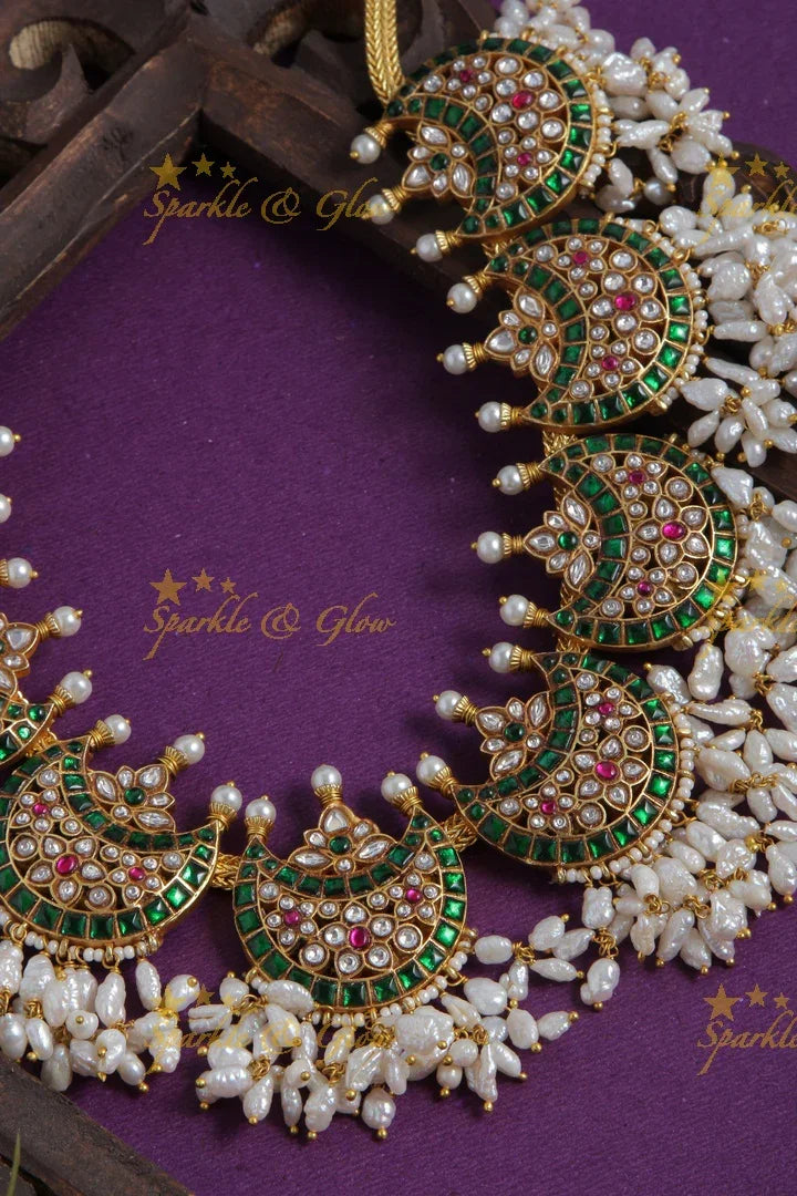 Gold Alike Moon shaped Floral Rice Pearl Jadau Necklace - Green - Sparkle and Glow