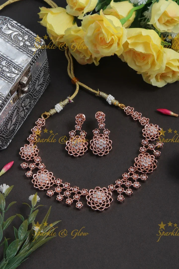 Beautiful Rose Gold AD Stone Floral Necklace - Sparkle and Glow