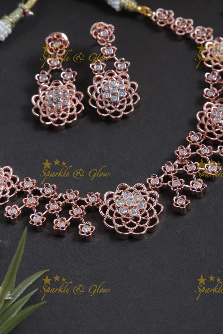 Beautiful Rose Gold AD Stone Floral Necklace - Sparkle and Glow