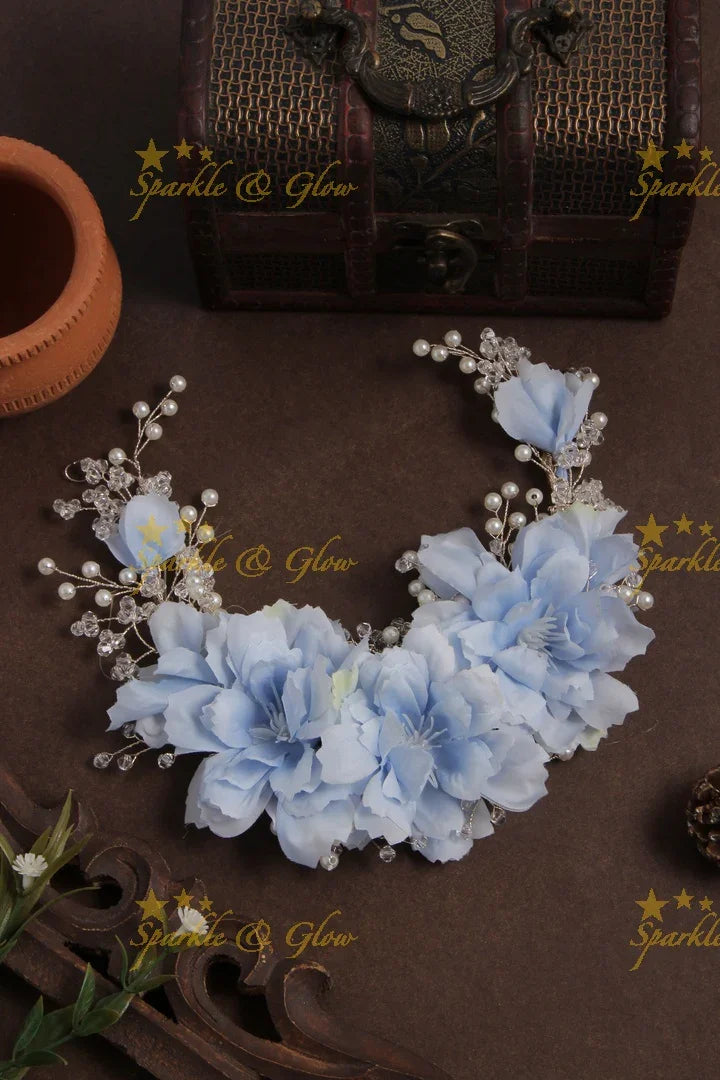 Light Blue Floral pearl transparent stone Hair Veena, Gajra - Sparkle and Glow