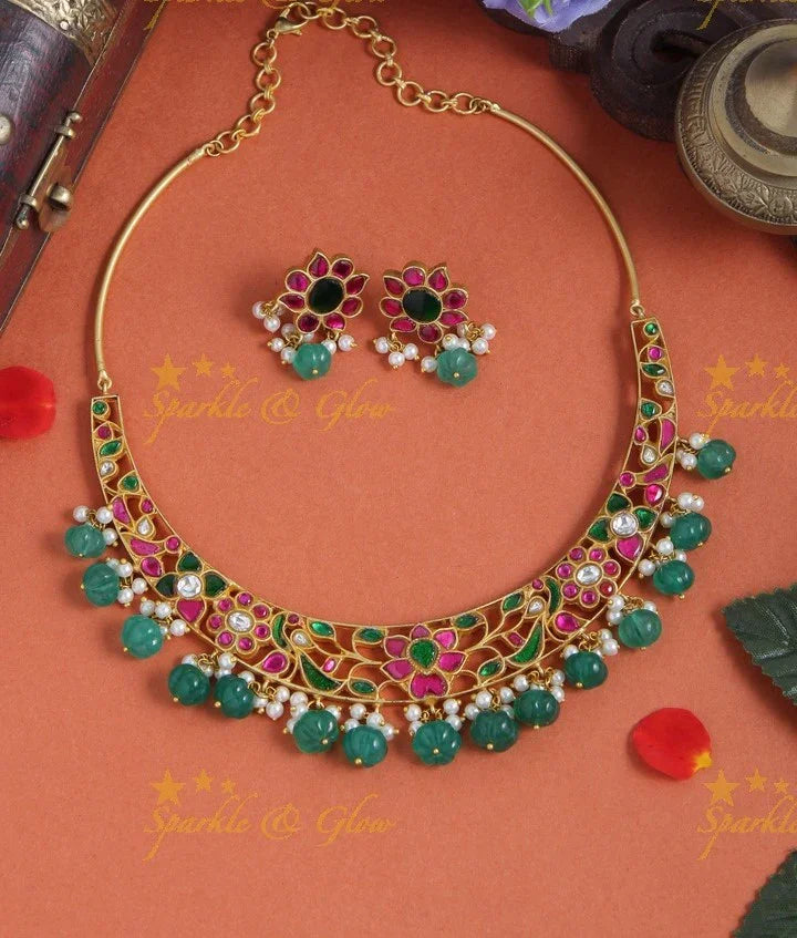 Jadau Floral Peacock Design Gutta Pusalu Choker - Multi - Sparkle and Glow