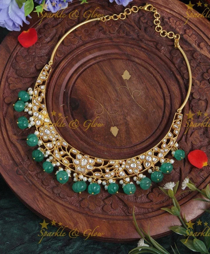 Jadau Floral Peacock Design Gutta Pusalu Choker - Green - Sparkle and Glow