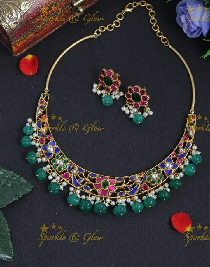 Jadau Floral Peacock Design Gutta Pusalu Choker - Multi - Sparkle and Glow