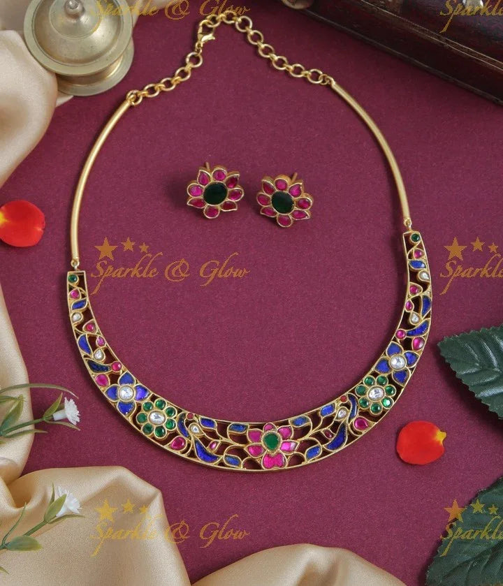 Gold Alike Jadau Floral Peacock Choker - Navarathna - Sparkle and Glow