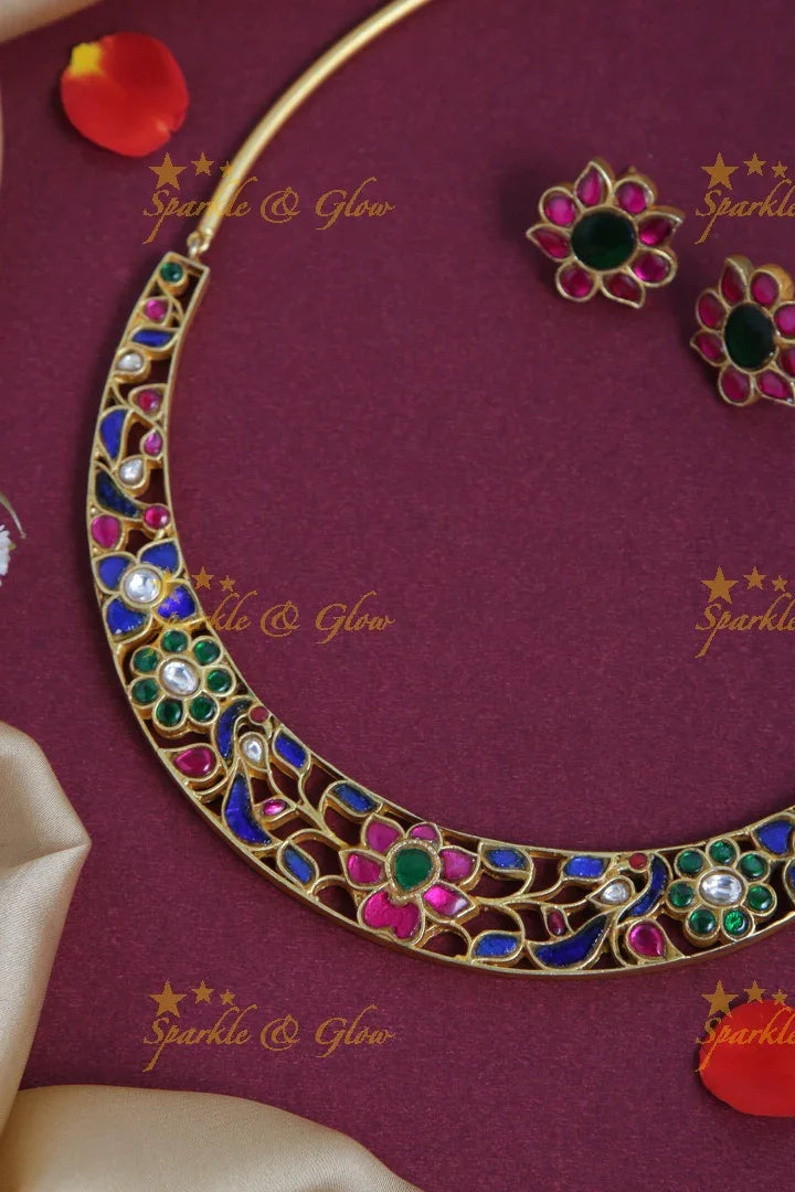 Gold Alike Jadau Floral Peacock Choker - Navarathna - Sparkle and Glow