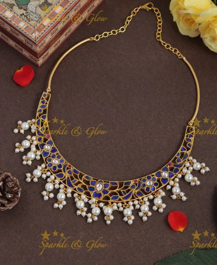 Jadau Floral Peacock Design Gutta Pusalu Choker - Green - Sparkle and Glow