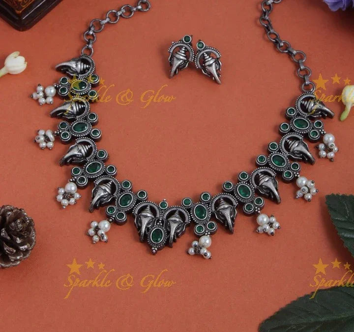 Silver look alike Idol Ganesha Gutta pusalu neckpiece - White - Sparkle and Glow