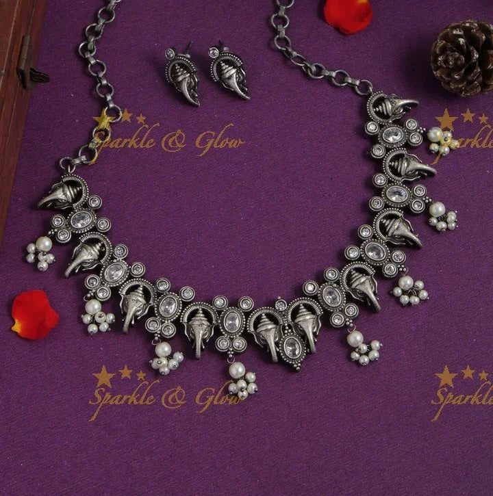 Silver look alike Idol Ganesha Gutta pusalu neckpiece - White - Sparkle and Glow