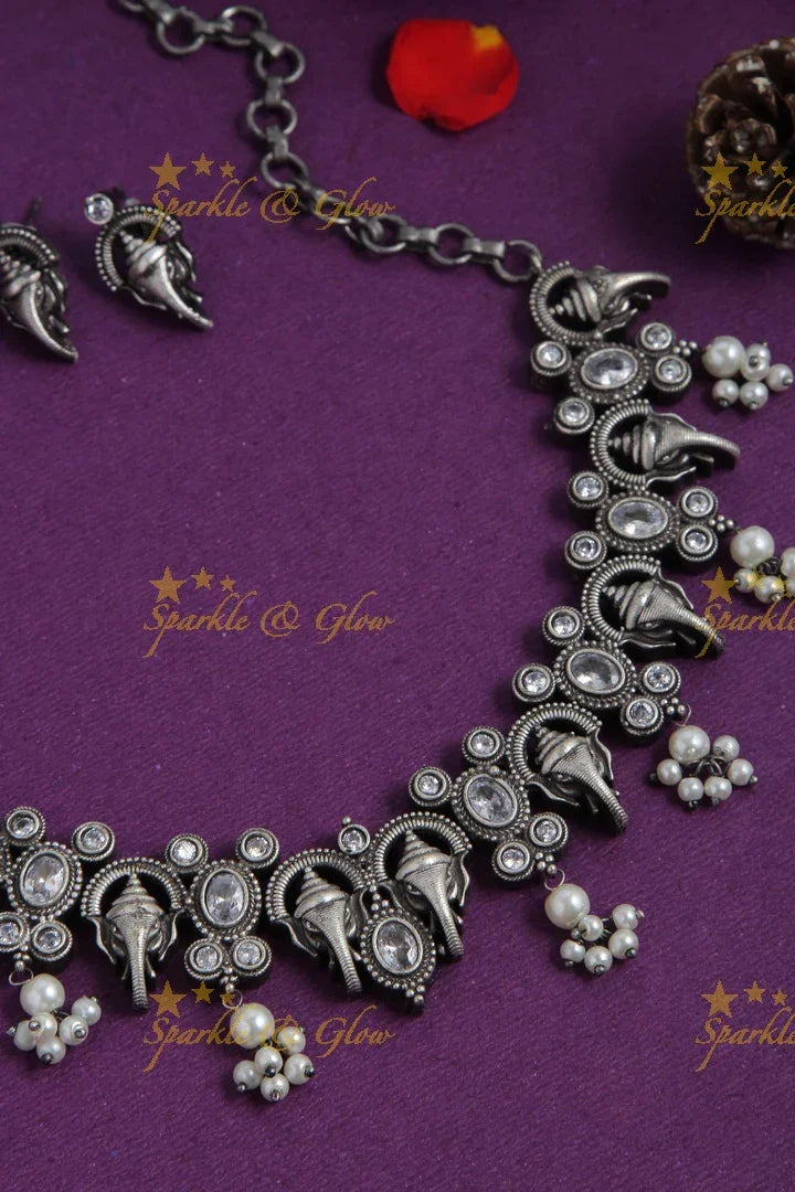 Silver look alike Idol Ganesha Gutta pusalu neckpiece - White - Sparkle and Glow