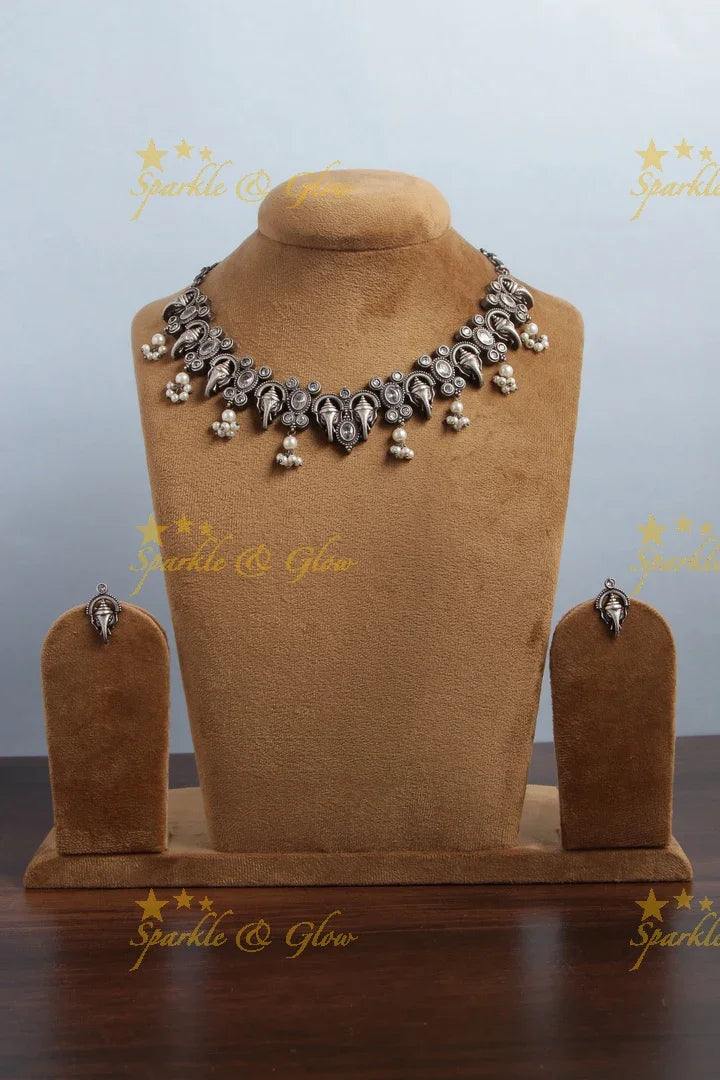 Silver look alike Idol Ganesha Gutta pusalu neckpiece - White - Sparkle and Glow