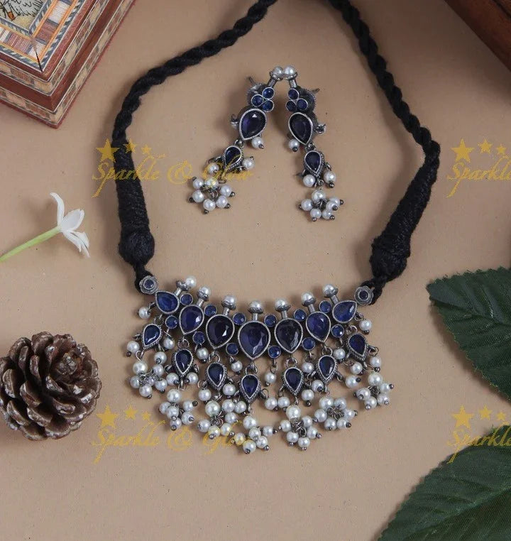 Graceful Silver Look Alike Tear Drop Shaped Gutta Pusalu Choker - Pink Green - Sparkle and Glow