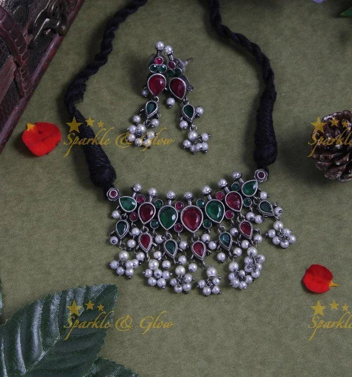 Graceful Silver Look Alike Tear Drop Shaped Gutta Pusalu Choker - Pink Green - Sparkle and Glow