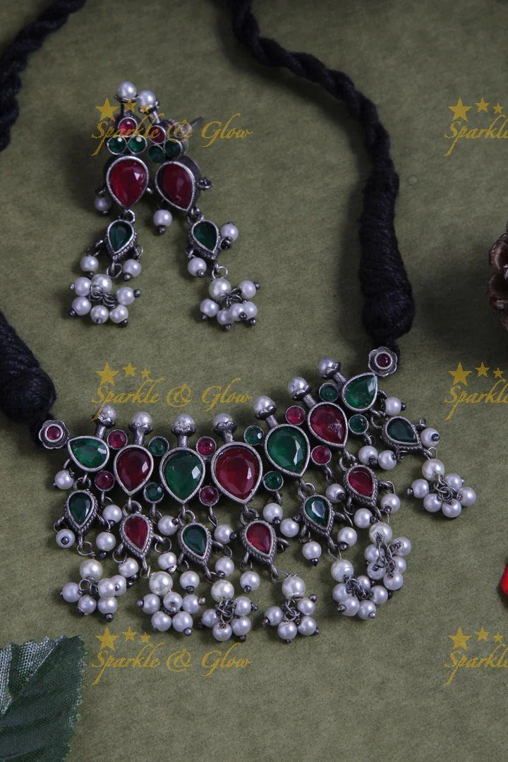 Graceful Silver Look Alike Tear Drop Shaped Gutta Pusalu Choker - Pink Green - Sparkle and Glow