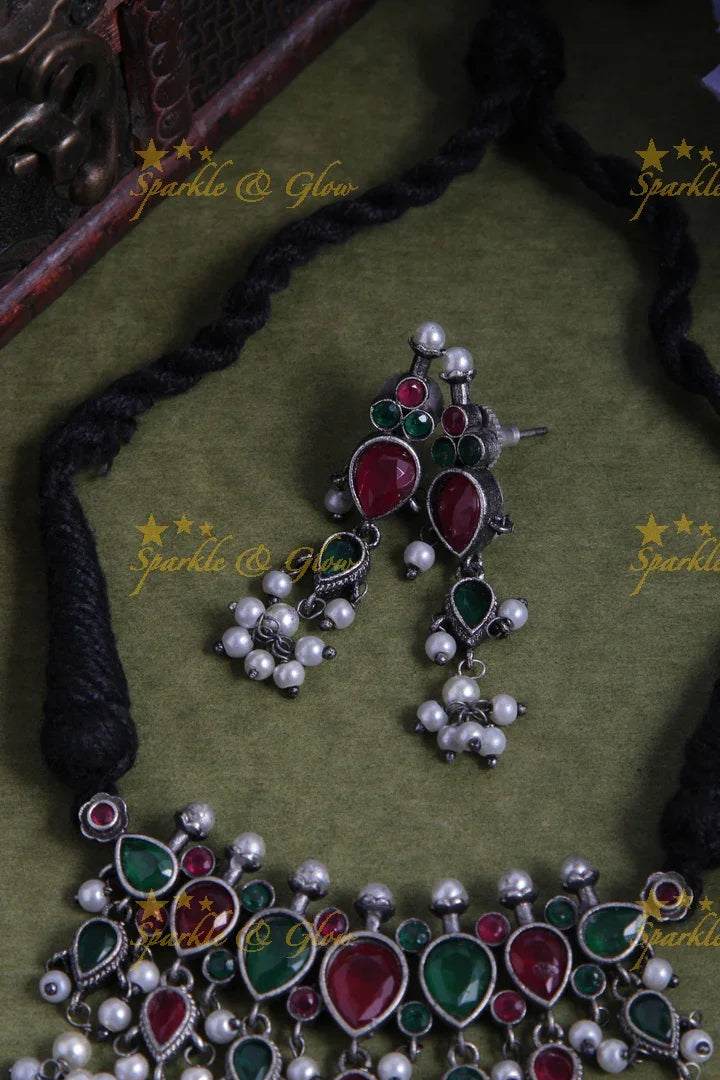 Graceful Silver Look Alike Tear Drop Shaped Gutta Pusalu Choker - Pink Green - Sparkle and Glow