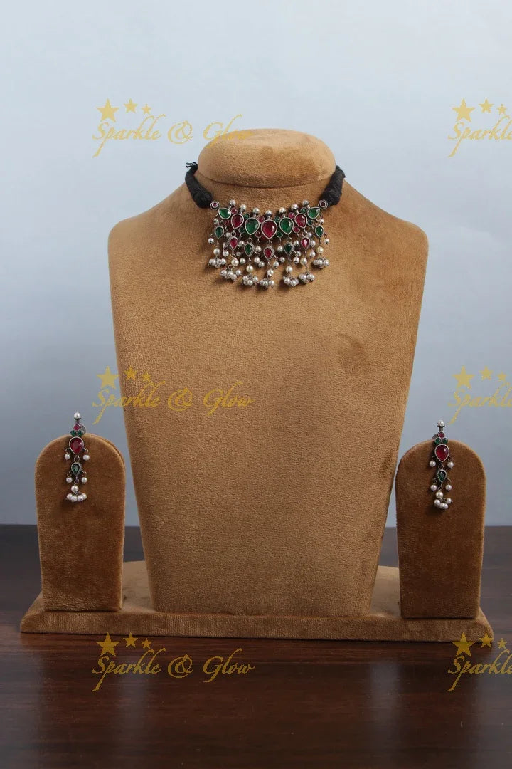 Graceful Silver Look Alike Tear Drop Shaped Gutta Pusalu Choker - Pink Green - Sparkle and Glow
