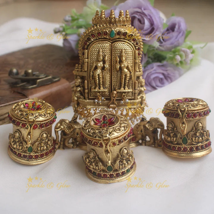 Gold alike antique polished Radha krishna carved kumkum box - Sparkle and Glow